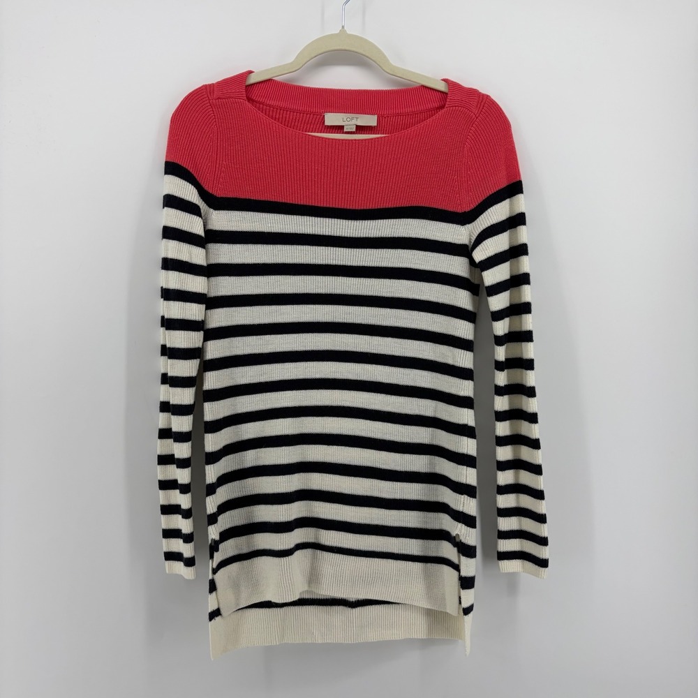 Loft Womens XS Pink White Navy Striped Colorblock Boat Neck Long Sleeve Sweater
